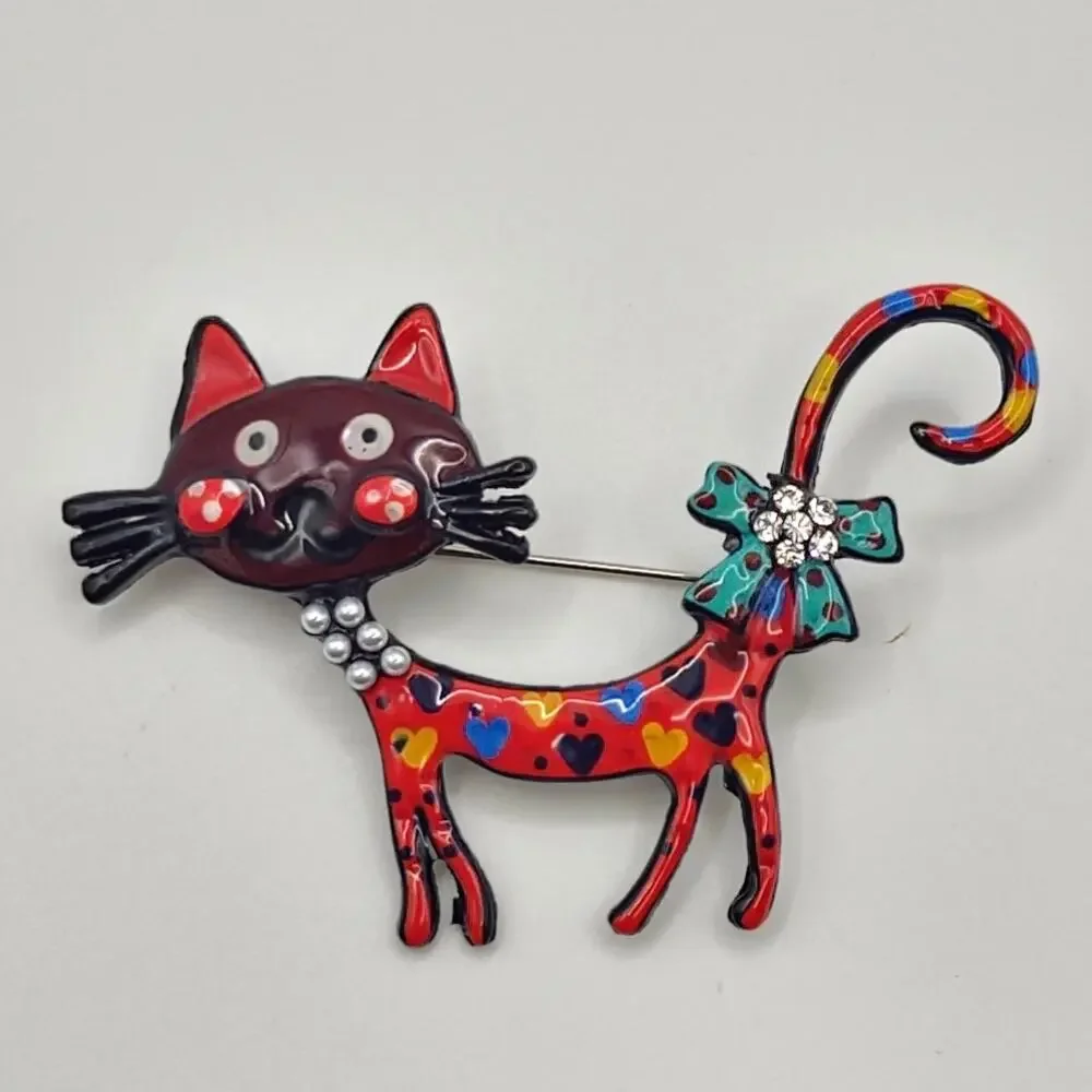 Cat Brooch Brown & Orange Enamel Rhinestone Faux Pearl Accents Cartoon Style